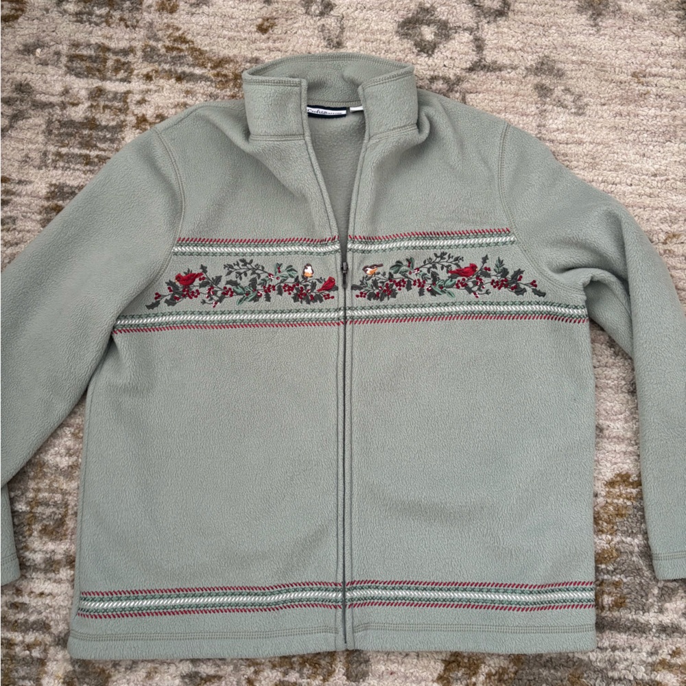 Croft & Barrow green Fleece Jacket with embroidered birds